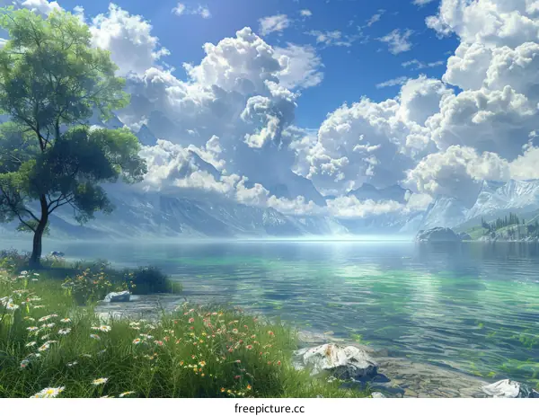 Peaceful Mountain Lake Landscape Illustration