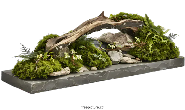 [Transparent Background PNG]Miniature Forest Terrarium With Moss Ferns And Driftwood