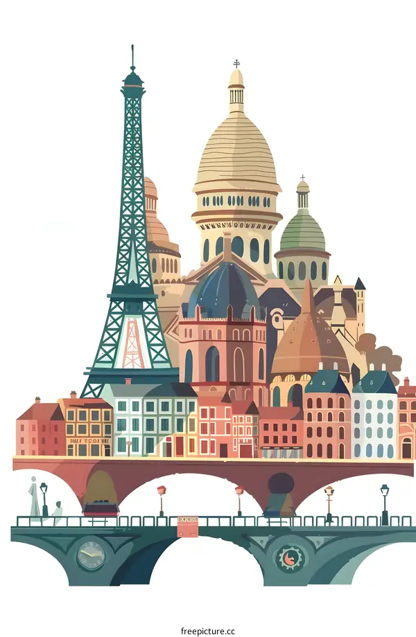 Paris Skyline Illustration With Eiffel Tower And Bridge