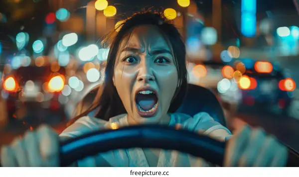 A young woman is driving a car and she looks scared