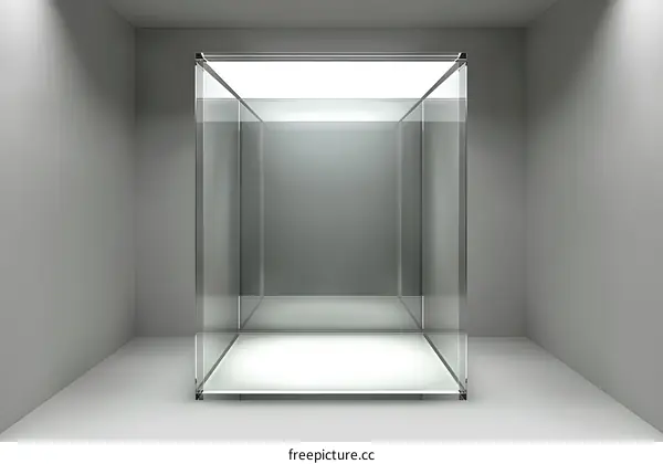 Empty Glass Display Case in a White Room