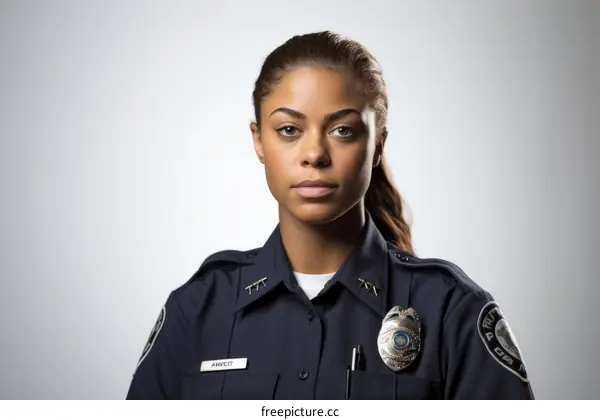A policewoman of African-American ethnicity is posing in her uniform.