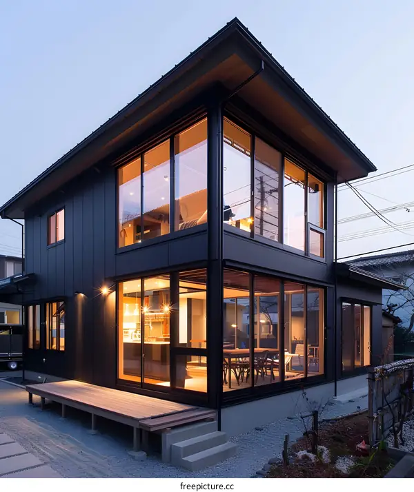 Modern Black House with Large Glass Windows and Wooden Deck
