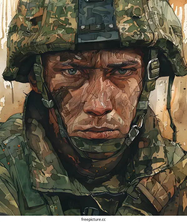 Portrait of a soldier wearing a camouflage helmet