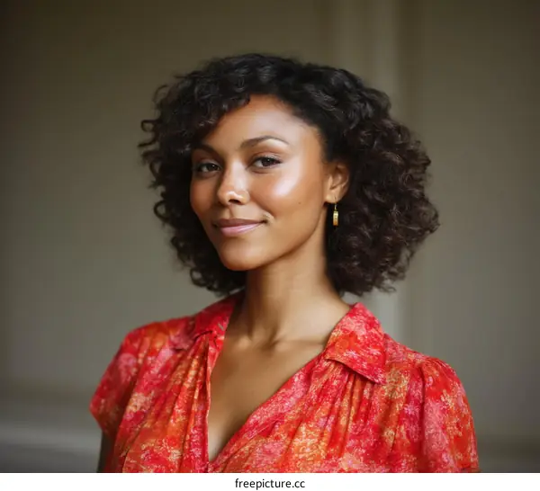 Portrait of a Woman with Curly Hair in a Red Dress