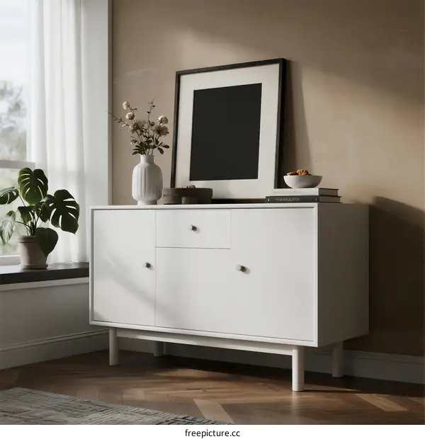 White sideboard with drawers and plants in modern living room