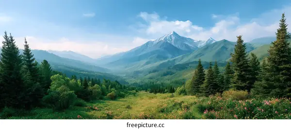 Majestic Mountain Valley Landscape with Lush Trees and Flowers