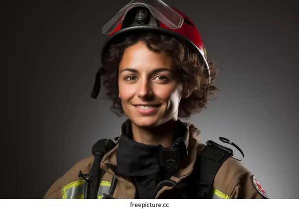 Portrait of a smiling young female firefighter wearing a red helmet and protective gear