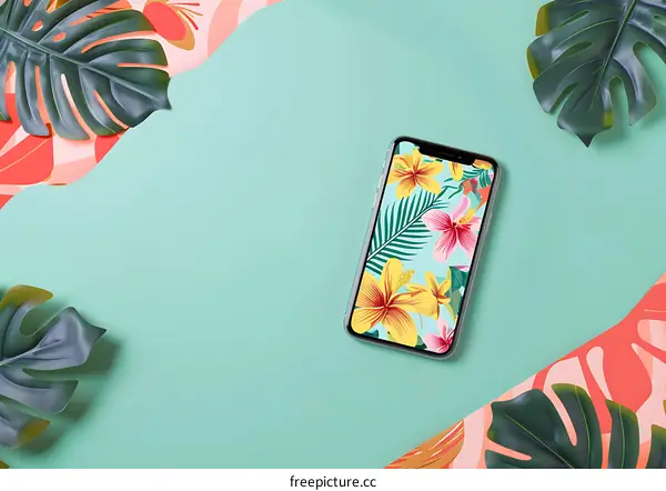 Tropical Leaves and Smartphone with Floral Wallpaper on a Mint Green Background