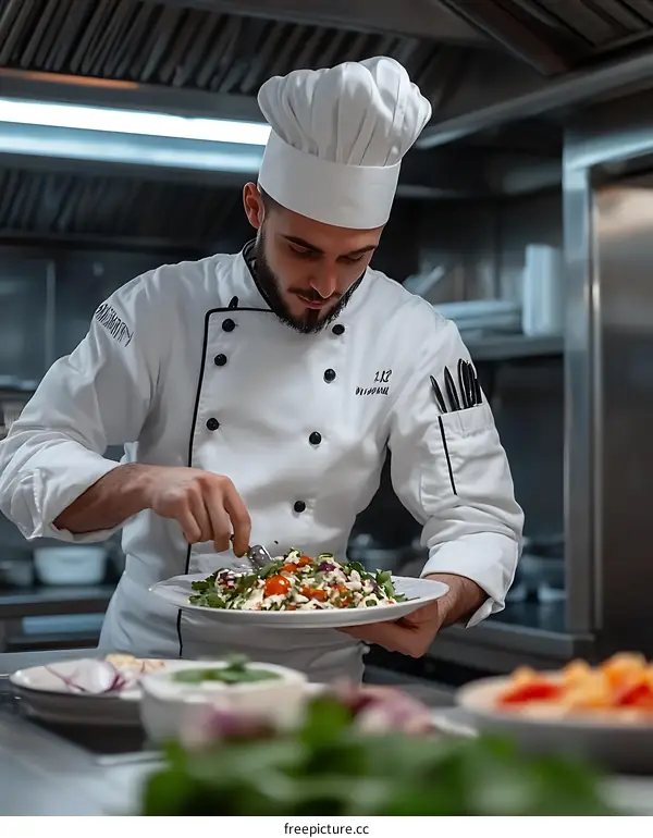 Professional Chef Preparing a Delicious Salad in a Modern Kitchen