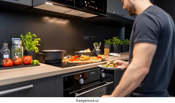 Man Cooking in Modern Kitchen with Black Appliances and Wooden Countertop