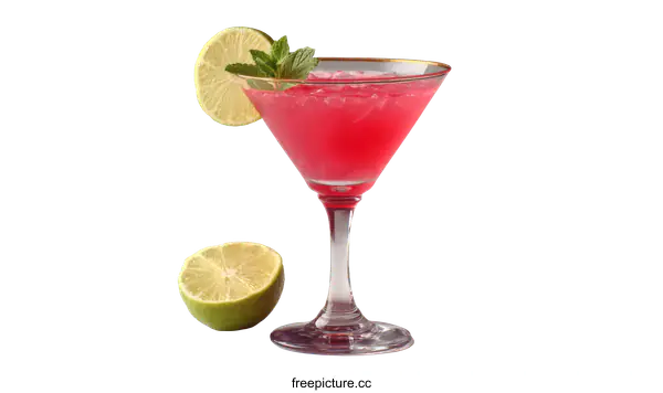 [Transparent Background PNG]Pink Cocktail in Martini Glass with Lime and Mint