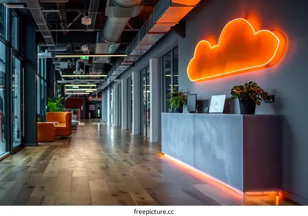 Modern office interior with a cloud-shaped neon light on the wall