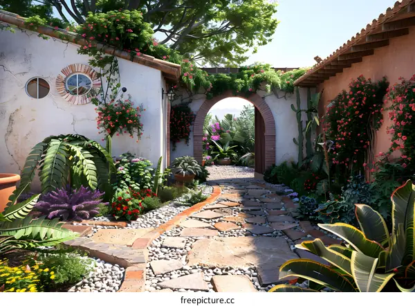 Stone Pathway Leading to an Arched Entrance in a Lush Garden