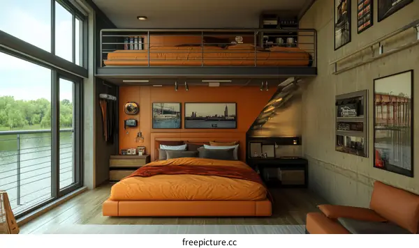 Modern Industrial Loft Bedroom with Orange Accents