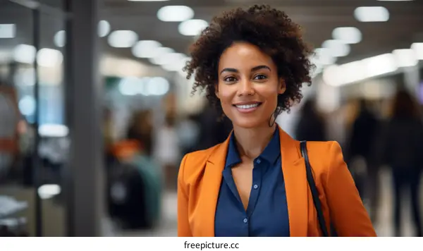 Portrait of a young African-American woman smiling wearing a blue blouse and orange blazer in an office environment