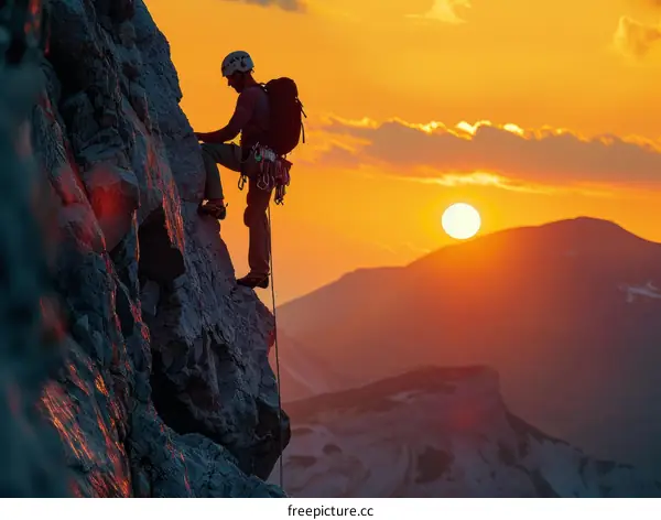 A lone climber scales a rock face as the sun sets behind him