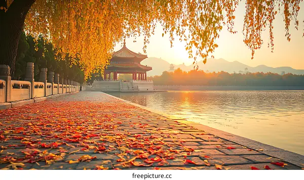 Autumn Colors at a Chinese Park with Pagoda and Lake