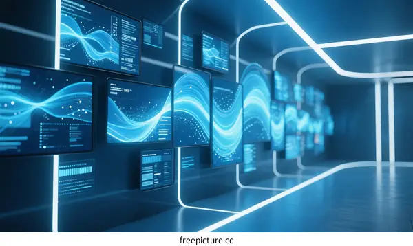 Futuristic Digital Control Room with Flowing Data Visualizations