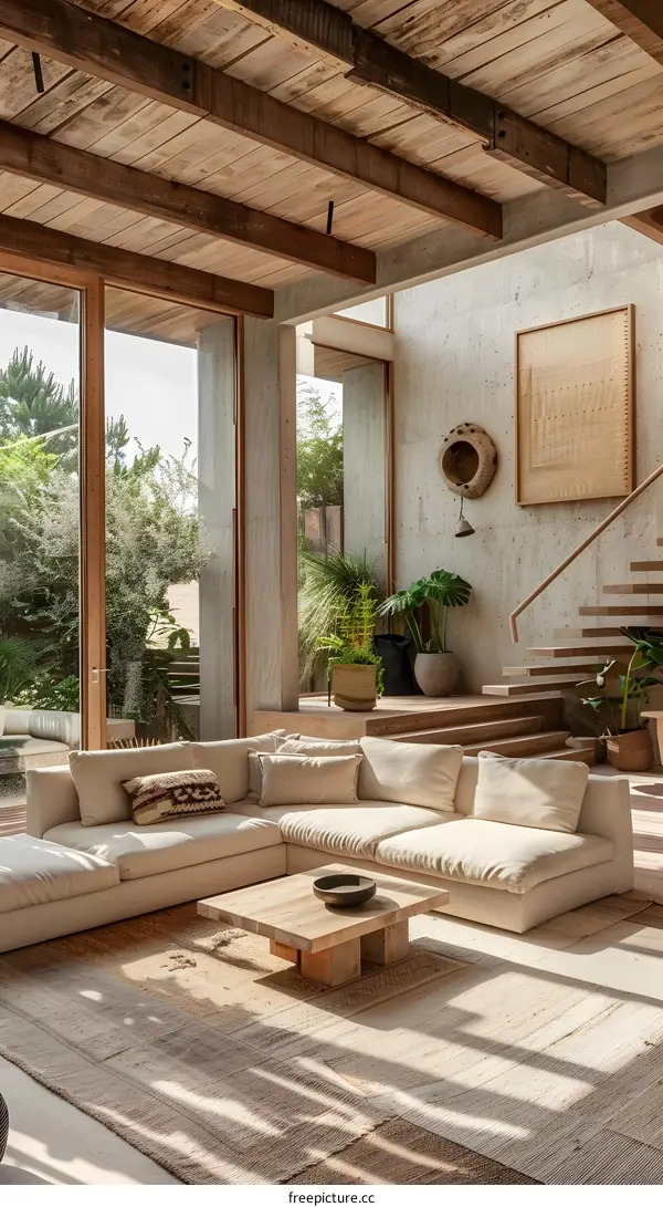 Modern Living Room with Wooden Beams and Natural Light