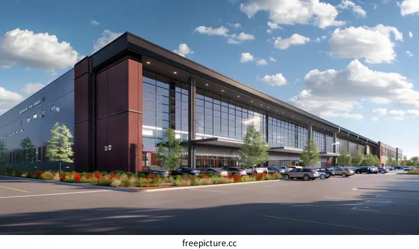 Modern industrial building exterior with brick and glass facade