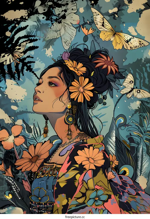 Woman with Butterflies and Flowers Illustration