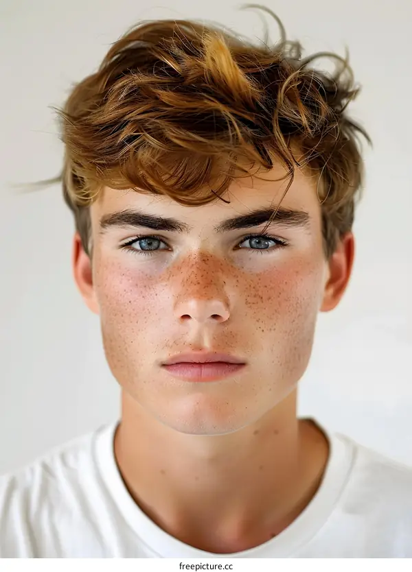 Portrait of a young male model with freckles and green eyes