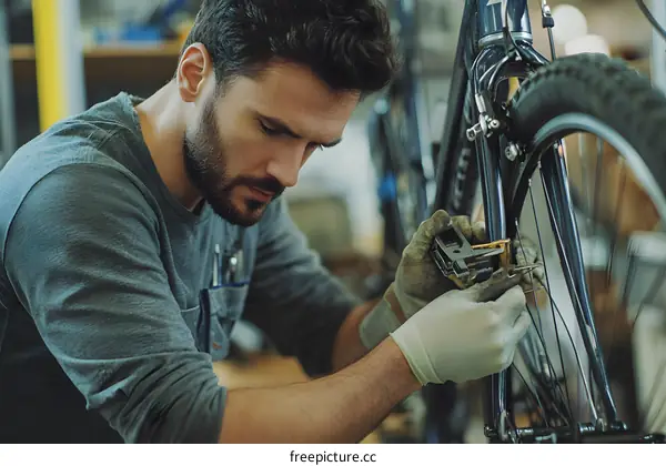 Man Wearing Gloves Repairing Bicycle Brake System