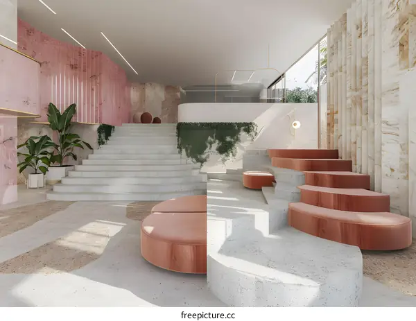 Modern Minimalist Interior Design with Stairs and Pink Wall