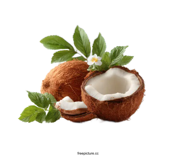 [Transparent Background PNG]Fresh Coconut halves with leaves and flowers