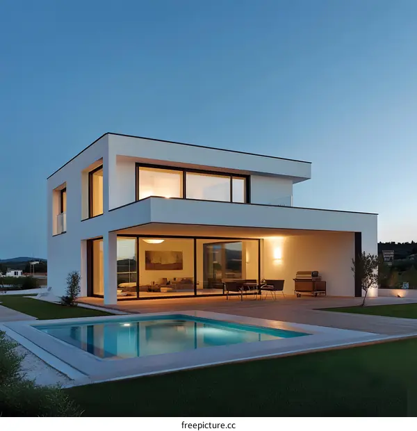 Modern White House with Swimming Pool and Lawn