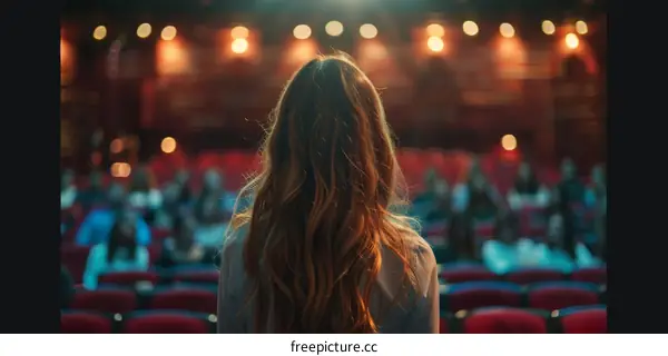 A woman standing on a stage giving a speech in front of an audience
