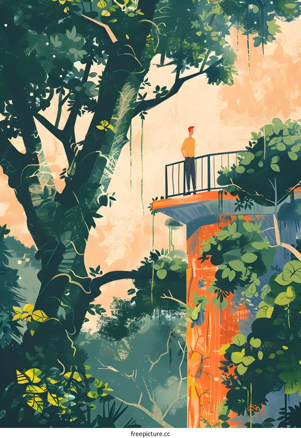 Man Standing on Platform in a Lush Jungle