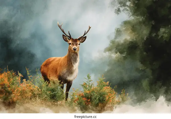 Majestic Deer in Misty Forest Landscape