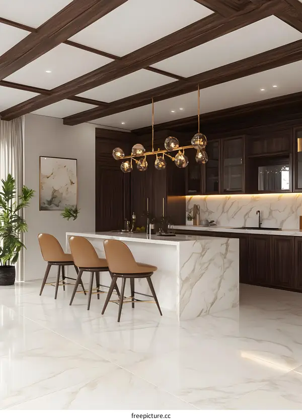 Modern Kitchen Interior Design with Marble Countertop and Wooden Cabinets