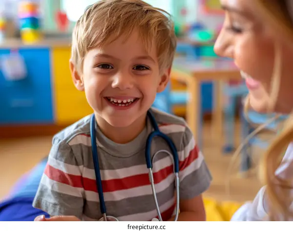 Little boy playing doctor with a toy stethoscope around his neck
