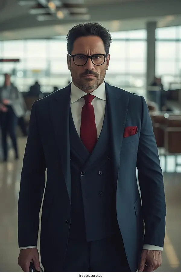 A man in a suit and tie is walking through an airport