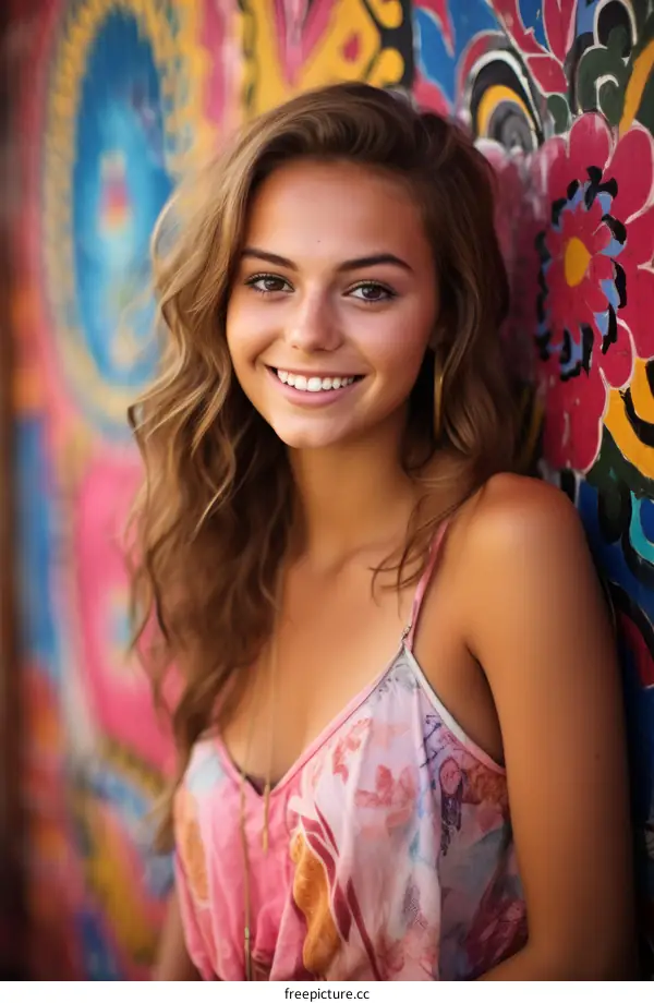 Portrait of a smiling young woman in front of a colorful mural