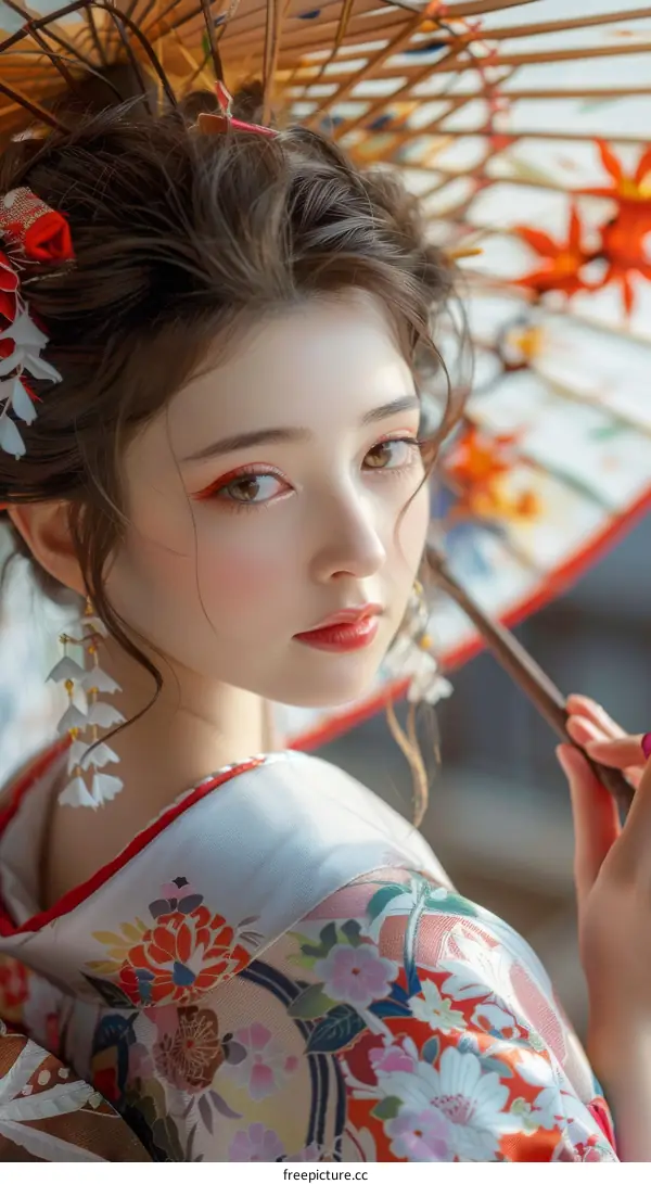 Portrait of a beautiful Asian woman in traditional Japanese clothing