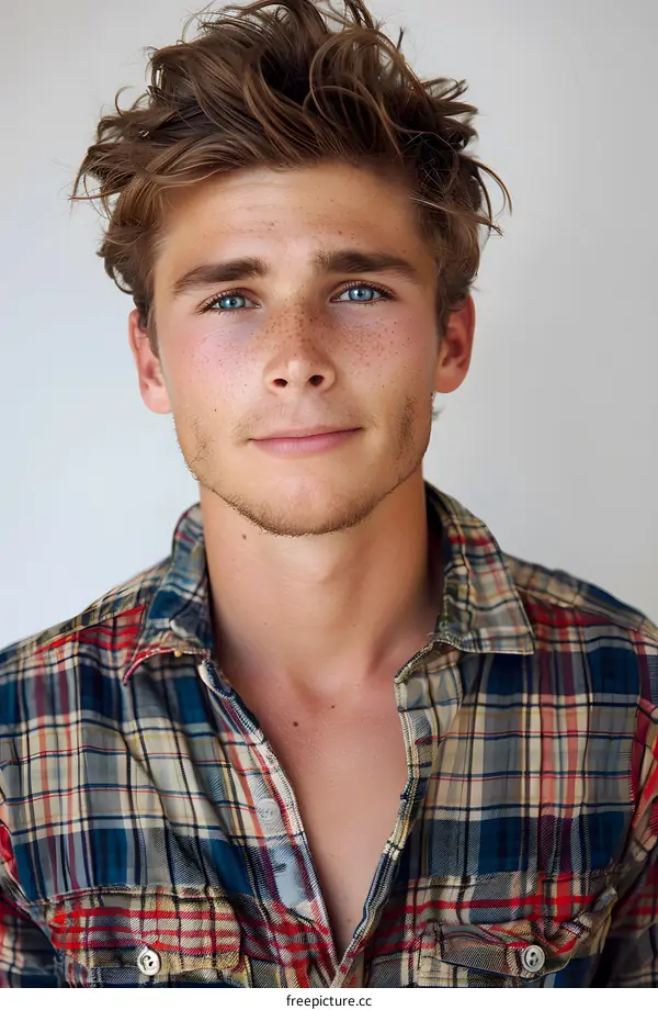 Portrait of a handsome young man with freckles and blue eyes