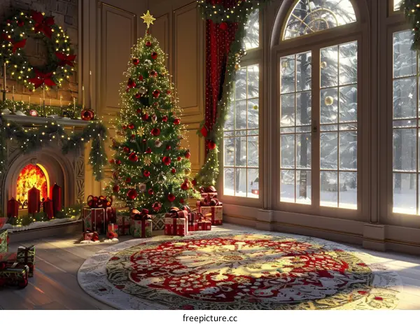 Christmas Tree and Presents by the Fireplace