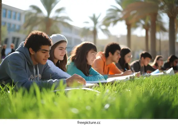 Students studying on the grass