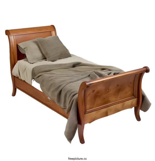 [Transparent Background PNG]Wooden Sleigh Bed with Blanket and Pillows