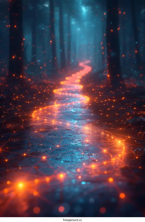Glowing orange path through a dark forest