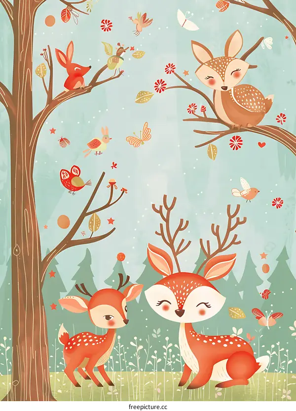 Cute Cartoon Deer Illustration In The Forest