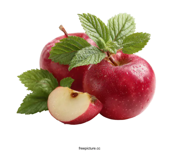 [Transparent Background PNG]Fresh Red Apples with Leaves and Slices