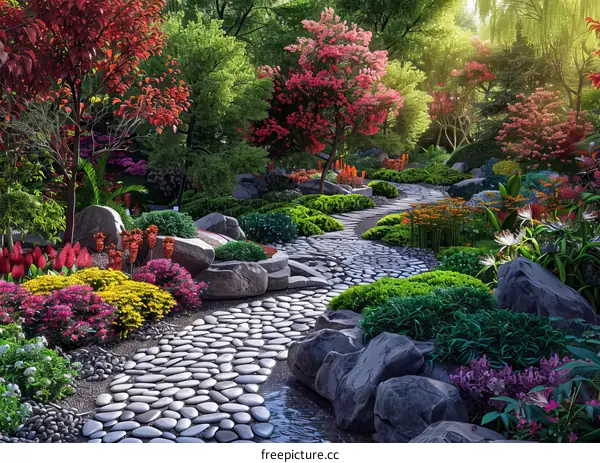 A magical forest path surrounded by colorful trees and flowers