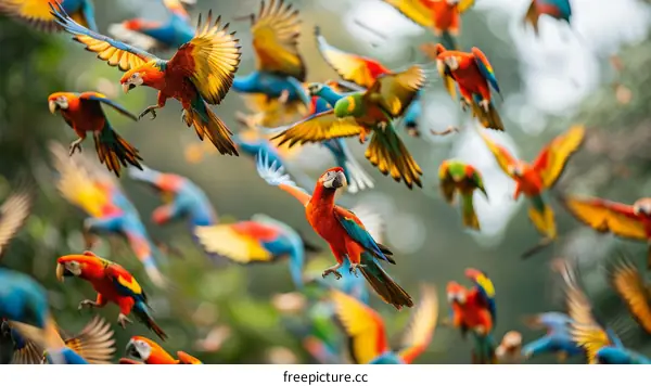 A flock of colorful parrots flying in the jungle