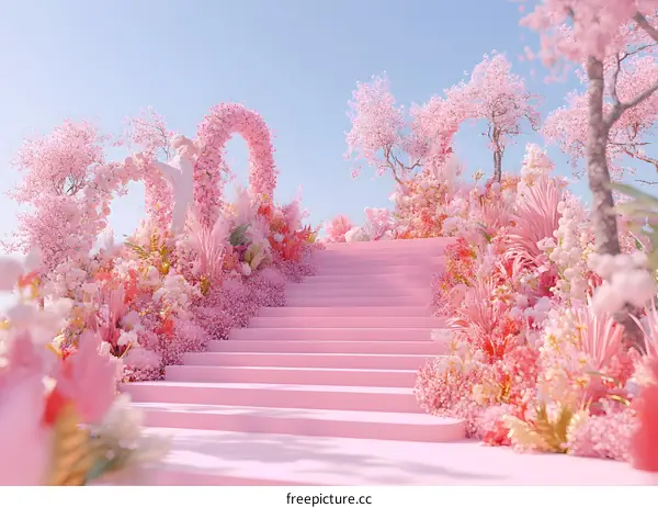 Pink Floral Arch and Staircase with Cherry Blossoms