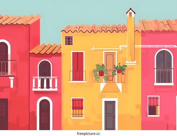 Colorful Illustration of Italian Houses with Balconies